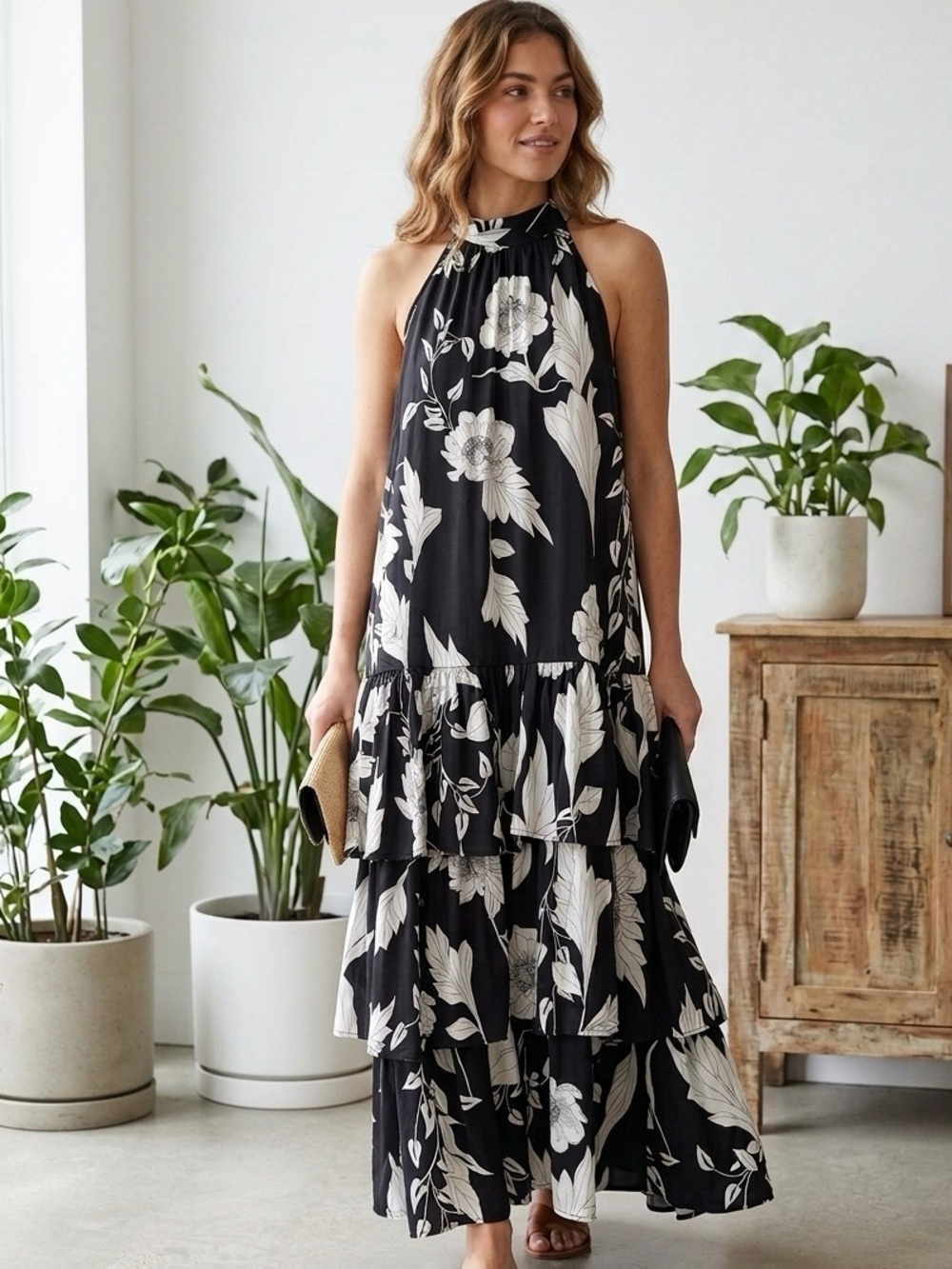 Halter Tiered Maxi Dress in Black & Cream Floral